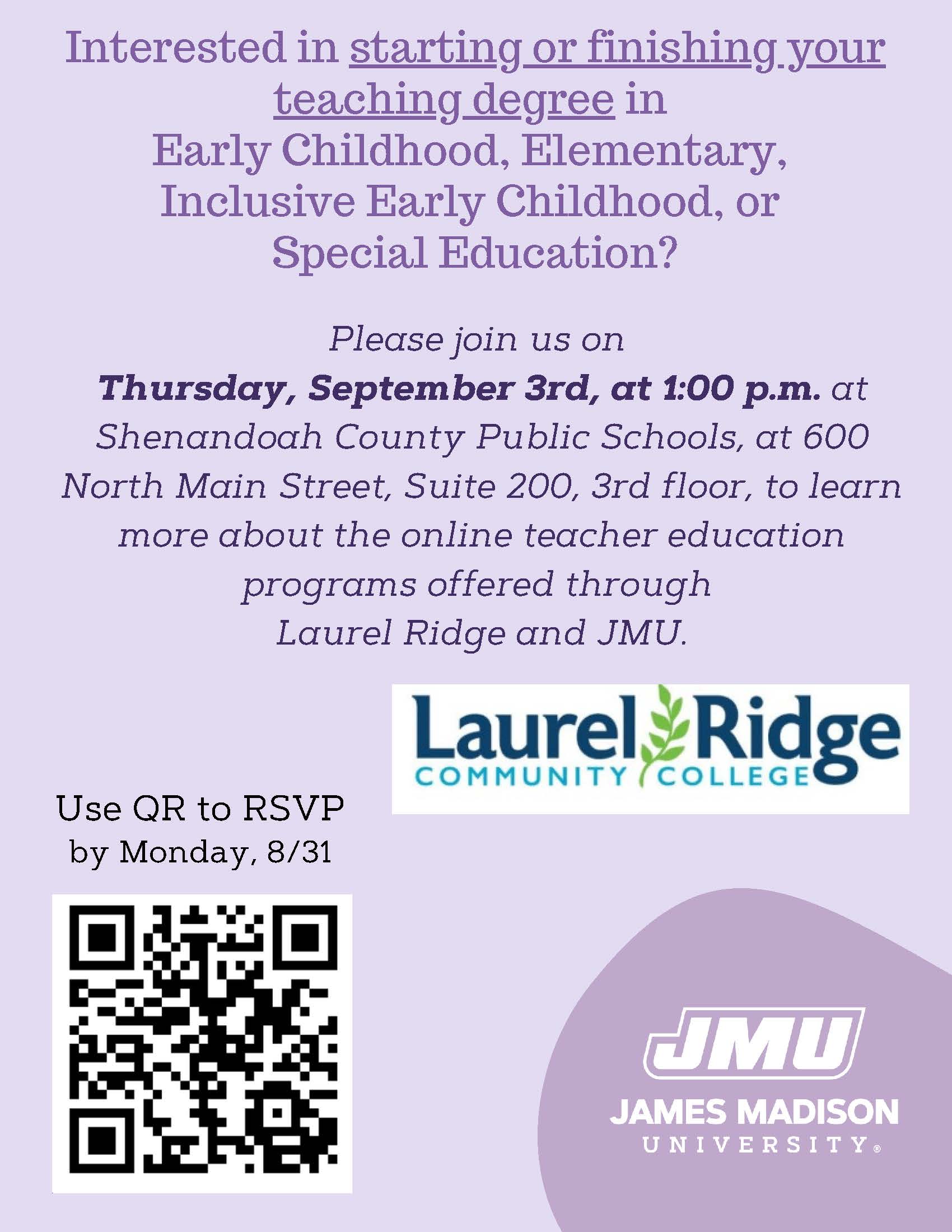 JMU & LRCC Info Session on Online Teacher Education Programs - Sept. 3